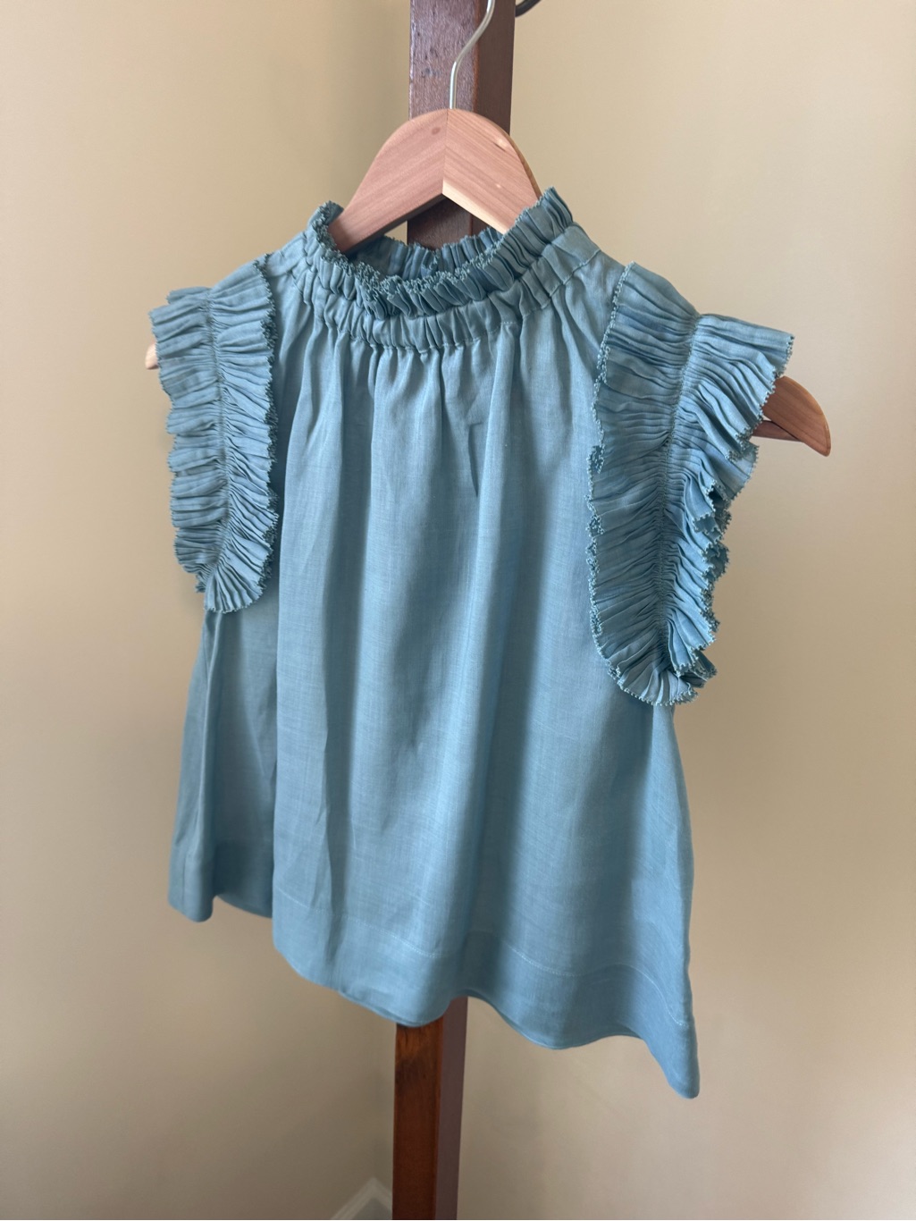 Sea Ruffled Sleeveless Linen Top In Dusty Teal
